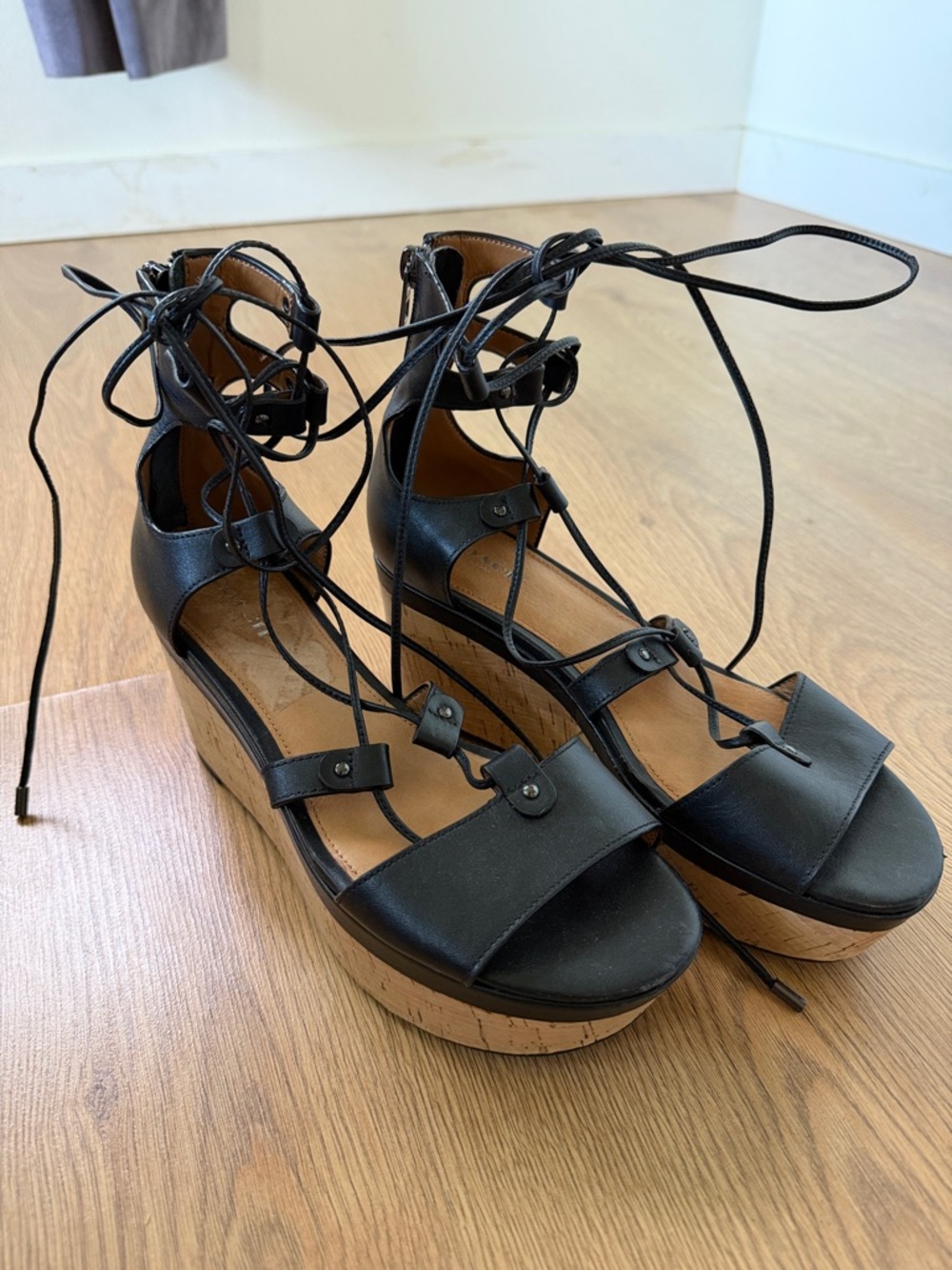 Coach Black Lace-Up Cork Wedge Sandals